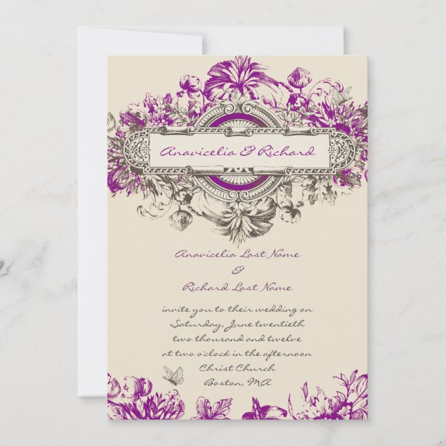 Invitación a matrimonio floral violeta gris morado (Anverso)