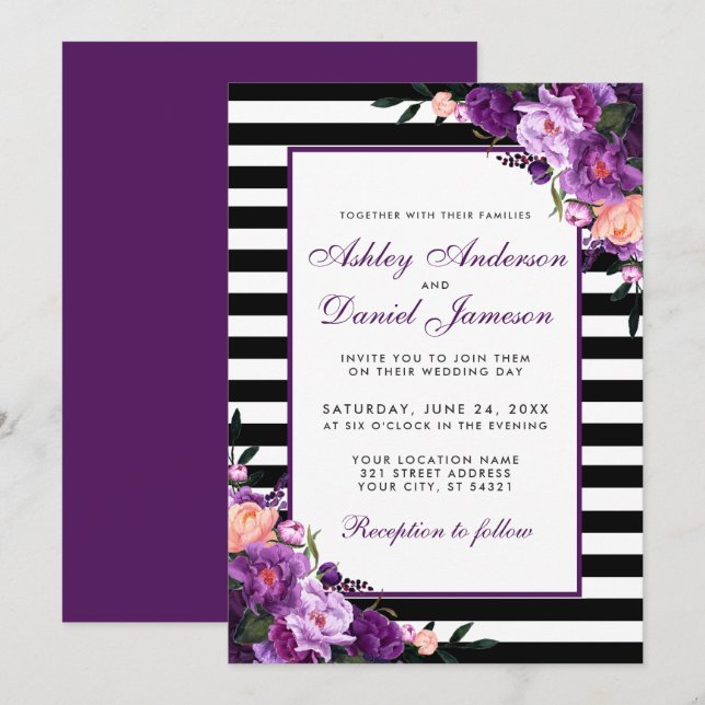 Invitación a matrimonio floral violeta púrpura PS  (Anverso / Reverso)