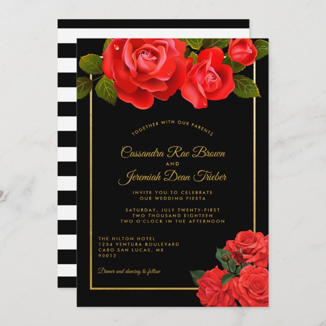 Invitación a matrimonio formal de rosas y rayas ro (Anverso / Reverso)