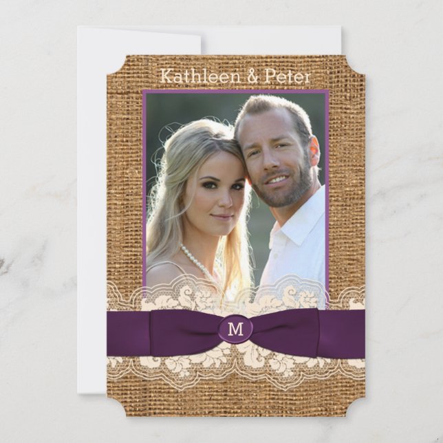 Invitación a matrimonio FOTO de la Lace Burlap de  (Anverso)