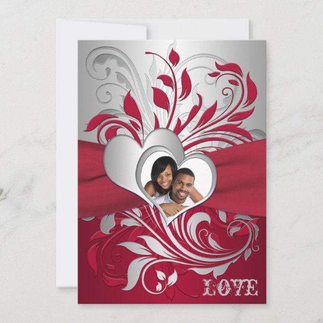 Invitación a matrimonio fotográfico rojo, plateado (Anverso)