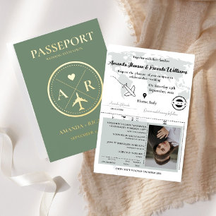 Invitación a matrimonio Gold & Sage Green Passport