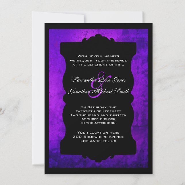 Invitación a matrimonio gótico púrpura (Anverso)