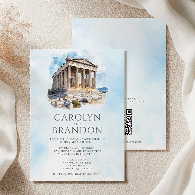 Invitación a matrimonio griego de destino con códi (Greek Destination Wedding Invitation with QR Code)