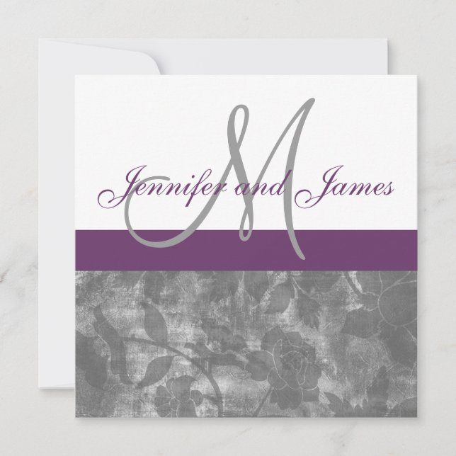 Invitación a matrimonio gris ciruela Monograma Nom (Anverso)