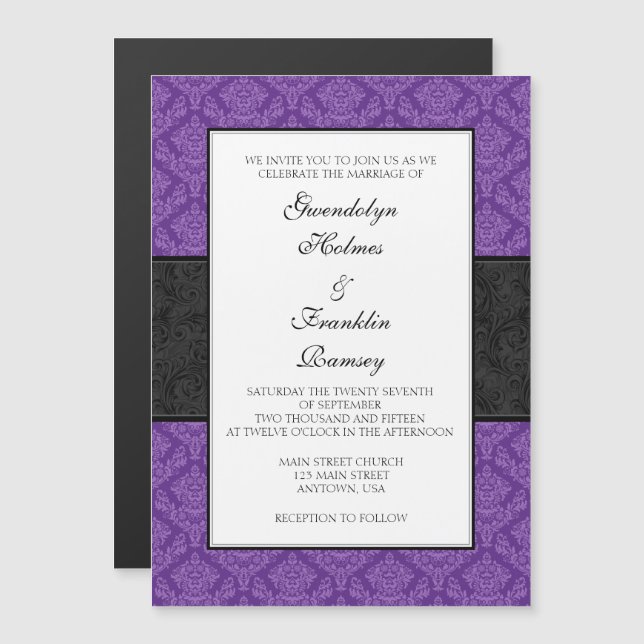 Invitación a matrimonio magnético morado negro Dam (Anverso/Reverso)