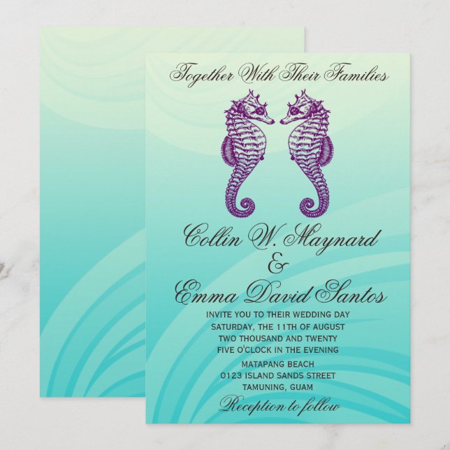Invitación a matrimonio malva y azul de caballito  (Anverso / Reverso)