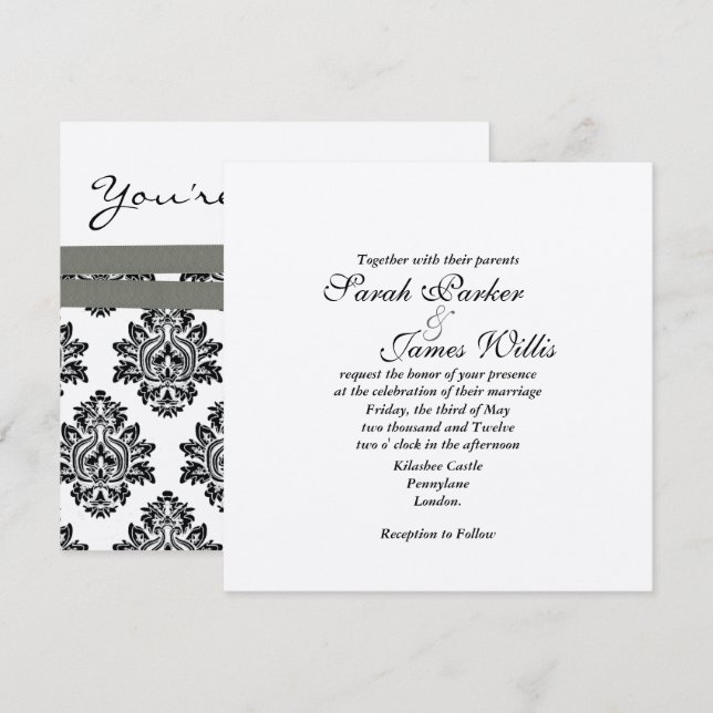 Invitación a matrimonio metálico Damask Silver y G (Anverso / Reverso)