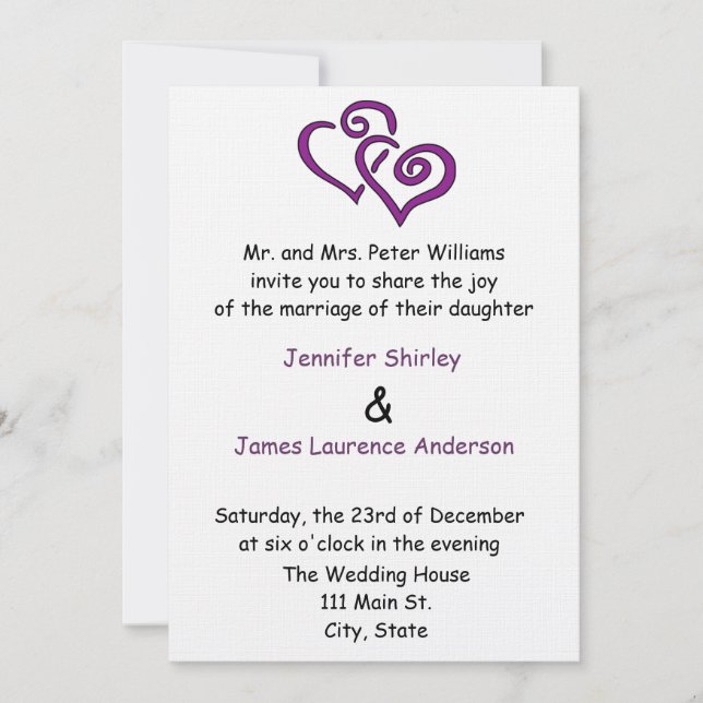 Invitación a matrimonio morado de doble corazón (Anverso)
