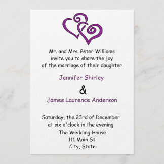 Invitación a matrimonio morado de doble corazón