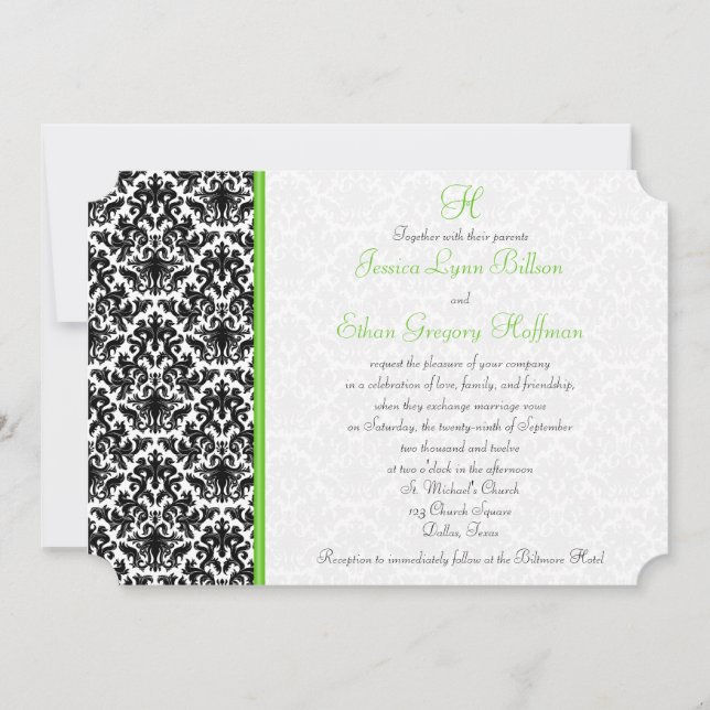 Invitación a matrimonio negro, blanco y verde para (Anverso)