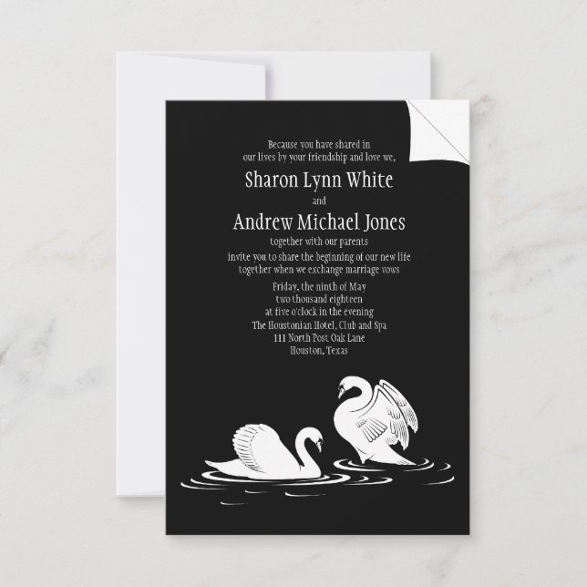 Invitación a matrimonio negro de pareja Swan de 3, (Anverso)