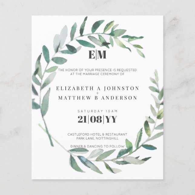 Invitación a matrimonio para la tipografía de hoja (Anverso)