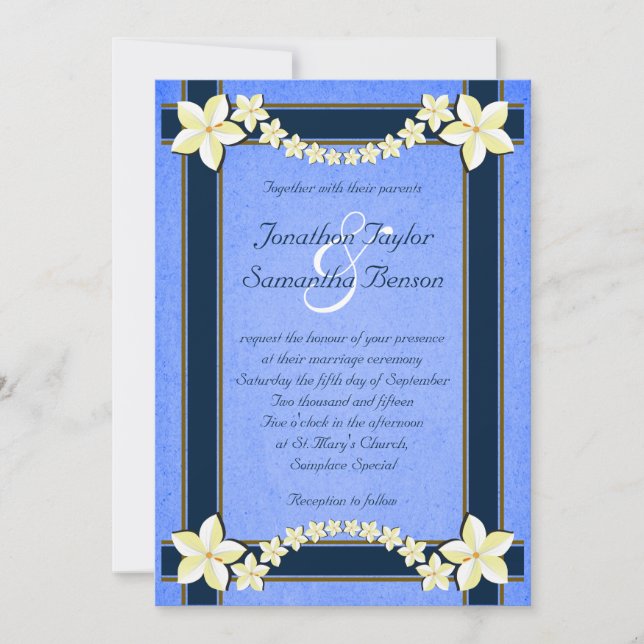 Invitación a matrimonio personalizado floral azul  (Anverso)