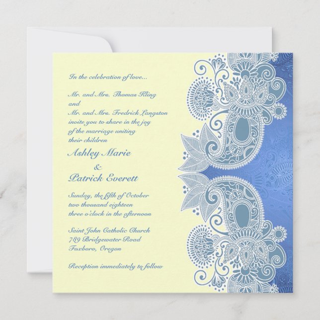 Invitación a matrimonio plano con flores azules de (Anverso)