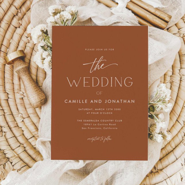 Invitación a matrimonio por foto mínima de Terraco (Terracotta Boho Wedding Photo Invitation)