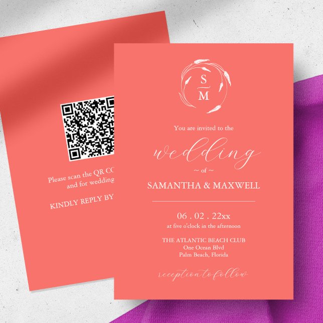 Invitación a matrimonio por pareja con código QR (wedding invitation peach QR code monogram line art by Victoria Grigaliunas of Do Tell A Belle)