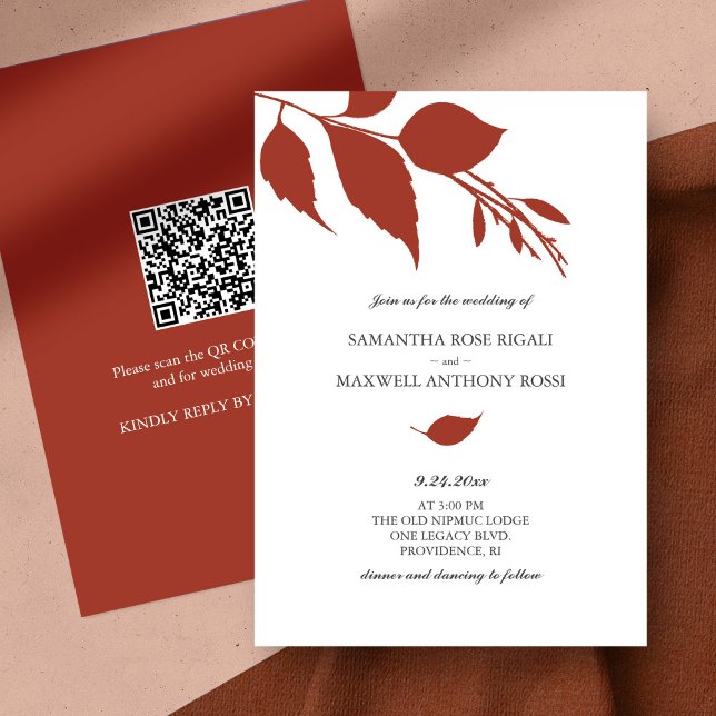 Invitación a matrimonio presupuestal moderno con c (QR code wedding invitation botanical orange leaves minimalistic)