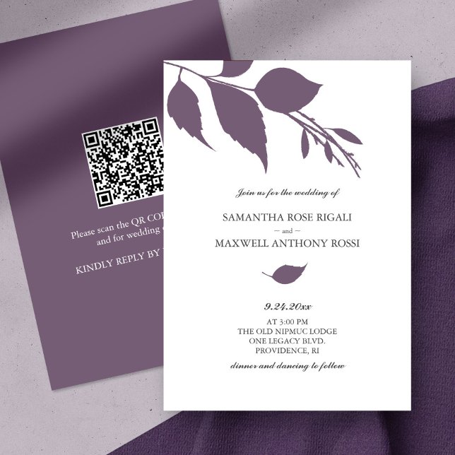 Invitación a matrimonio púrpura con código QR (QR code wedding invitation botanical purple leaves minimalistic)