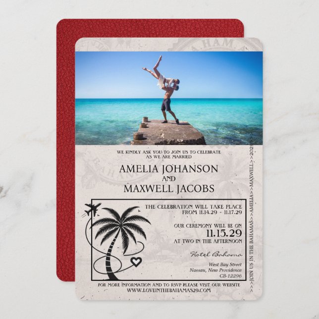 Invitación a matrimonio Red Bahamas Passport (Anverso / Reverso)
