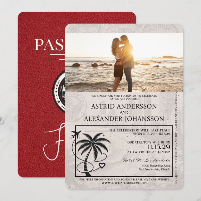 Invitación a matrimonio Red Florida Passport (Anverso / Reverso)