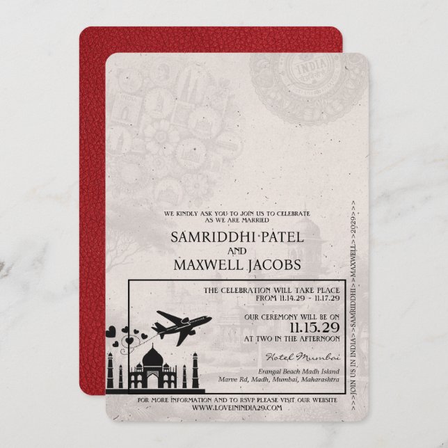 Invitación a matrimonio Red India Passport (Anverso / Reverso)