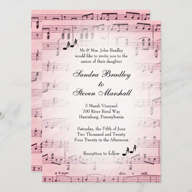 Invitación a matrimonio rosa de la música de la ho (Anverso / Reverso)