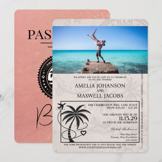 Invitación a matrimonio Rosa Gold Bahamas Passport (Anverso / Reverso)