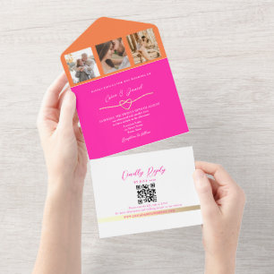 Invitación a matrimonio rosa y Naranja con código