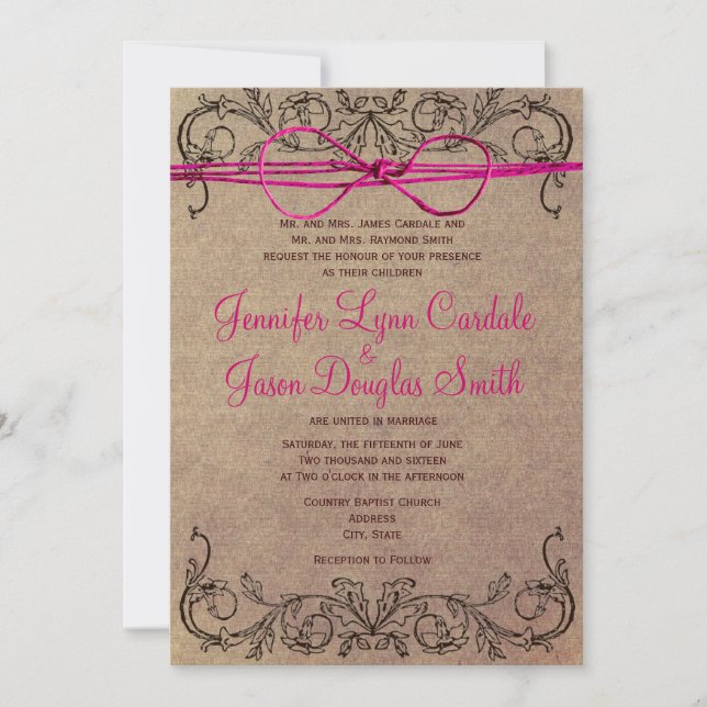 Invitación a matrimonio rosado marrón vintage en u (Anverso)