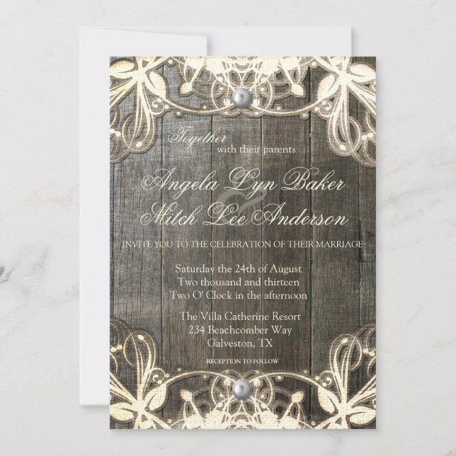 Invitación a matrimonio rústico de encaje y madera (Anverso)