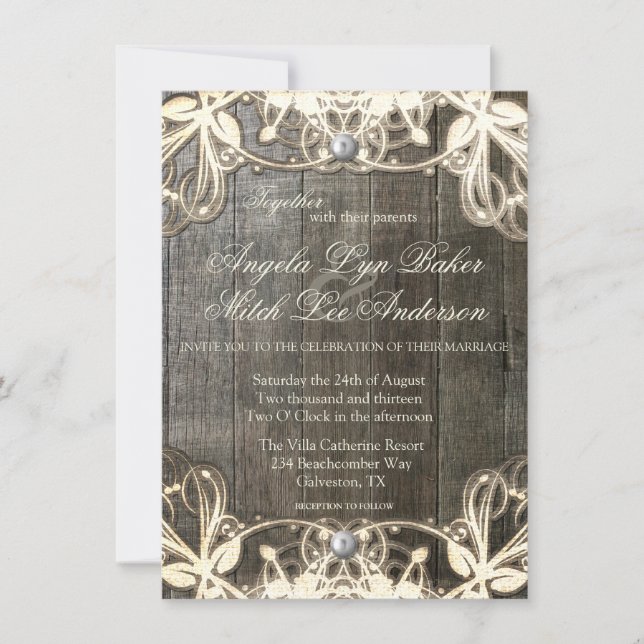 Invitación a matrimonio rústico de encaje y madera (Anverso)