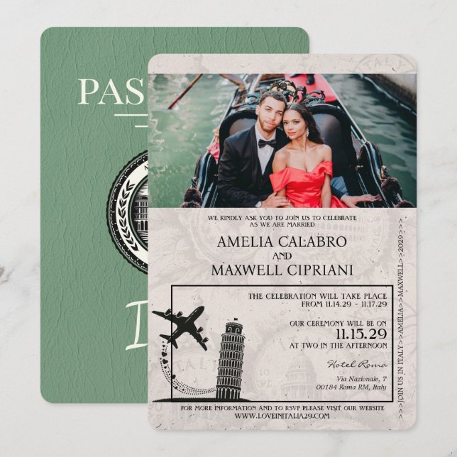 Invitación a matrimonio Sage Green Italy Passport (Anverso / Reverso)