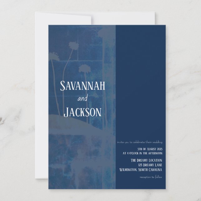 Invitación a matrimonio único de flores azules de  (Anverso)