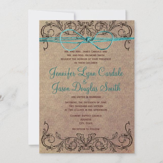Invitación a matrimonio Verde azulado marrón vinta (Anverso)