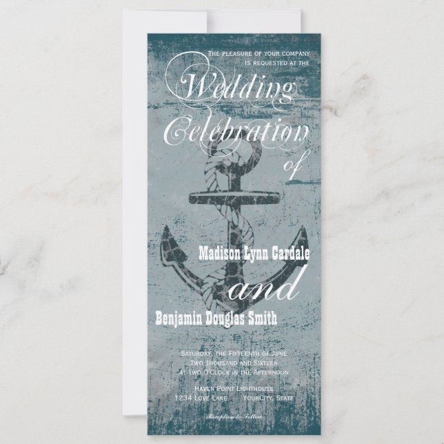Invitación a matrimonio vertical de ancla náutica  (Anverso)