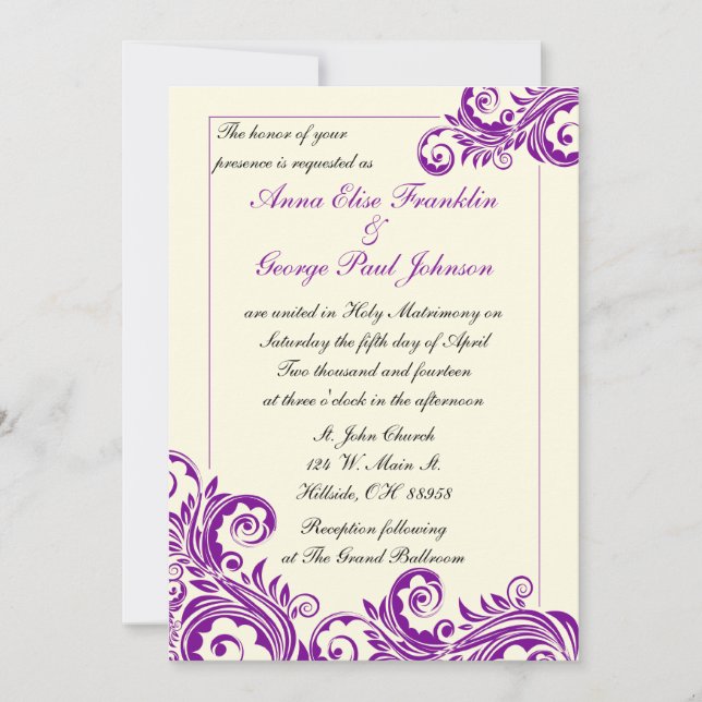Invitación a matrimonio vertical morado (Anverso)