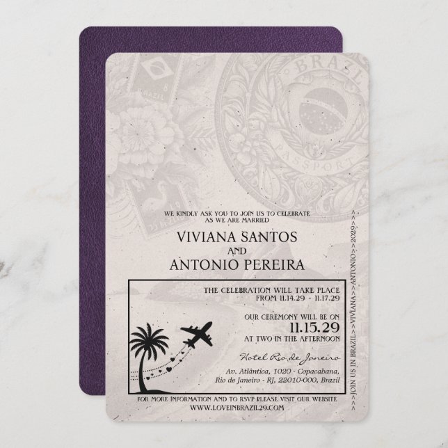 Invitación a matrimonio violeta púrpura en Brasil (Anverso / Reverso)