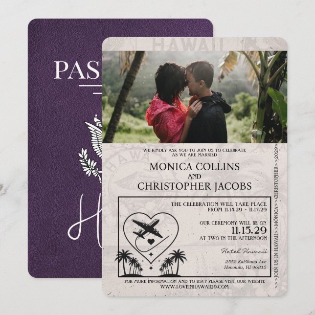Invitación a matrimonio violeta púrpura en Hawái (Anverso / Reverso)