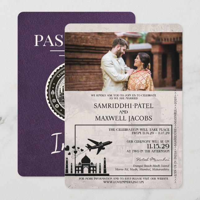 Invitación a matrimonio violeta púrpura en India (Anverso / Reverso)