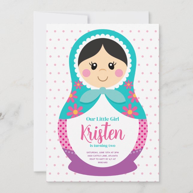 Invitación a Matryoshka, cumpleaños de muñeca rusa (Anverso)