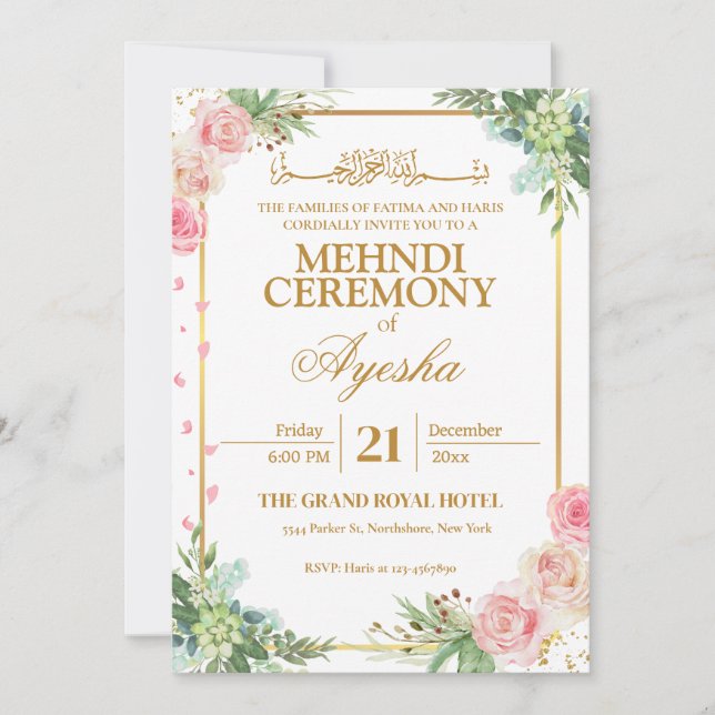 Invitación a Mehndi, Boda islámico de oro floral (Anverso)
