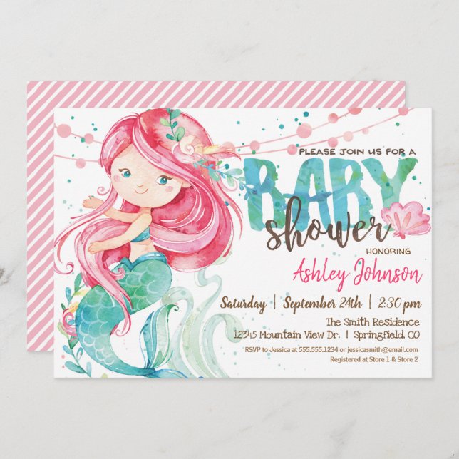 Invitación a Mermaid, Chica Baby Shower (Anverso / Reverso)