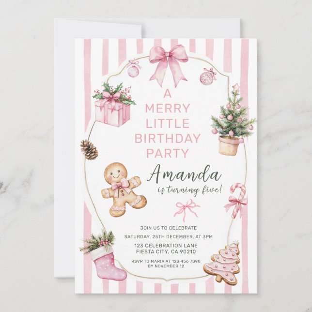 Invitación A Merry Little Christmas Birthday Party Girl Pink  (Anverso)