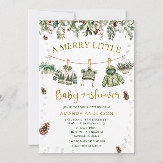 Invitación A Merry Little Christmas clothlines Baby Shower (Anverso)