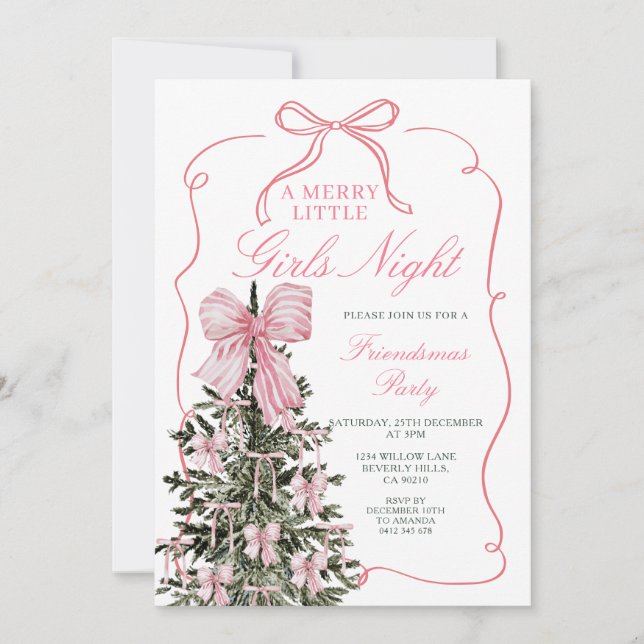 Invitación A Merry Little Girls Night Pink Bow Christmas Tree (Anverso)
