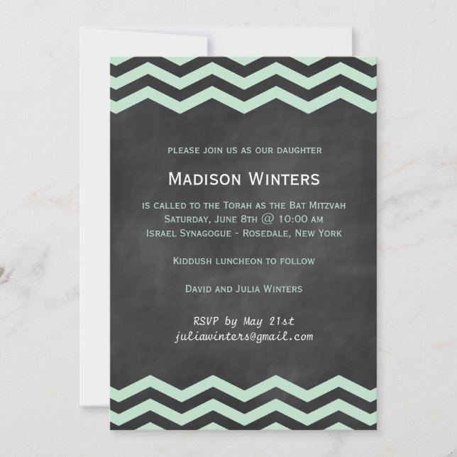 Invitación a Mint & Chalkboard Chevron Bat Mitzvah (Anverso)