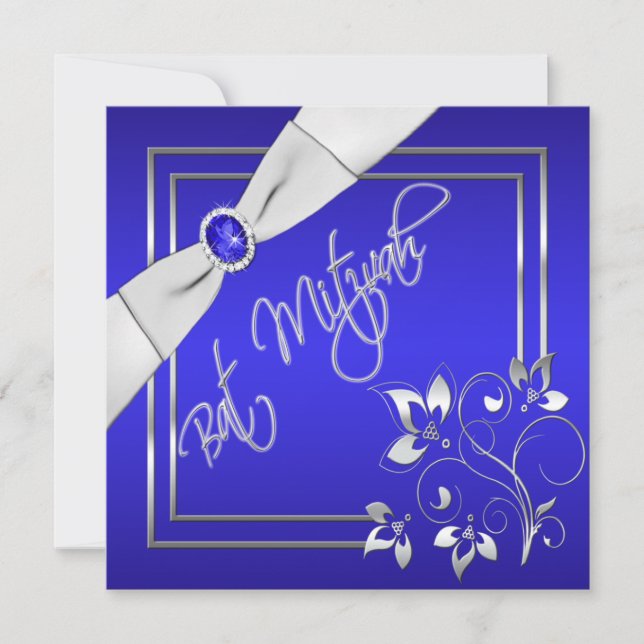 Invitación a Mitzvah con bate floral azul y platea (Anverso)