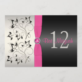 Invitación a Mitzvah con floral gris rosa, negro y