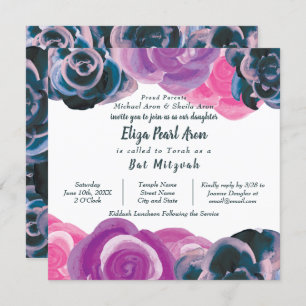 Invitación a Mitzvah con rosas rosadas violetas pú